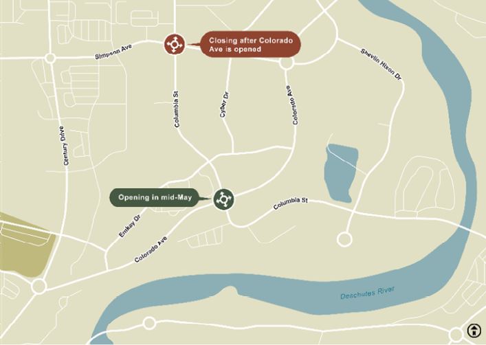 A map depicting the Columbia St & Colorado Ave. roundabout opening in mid-May, and the Columbia St. & Simpson Ave. intersection closing after Colorado Ave. is opened.