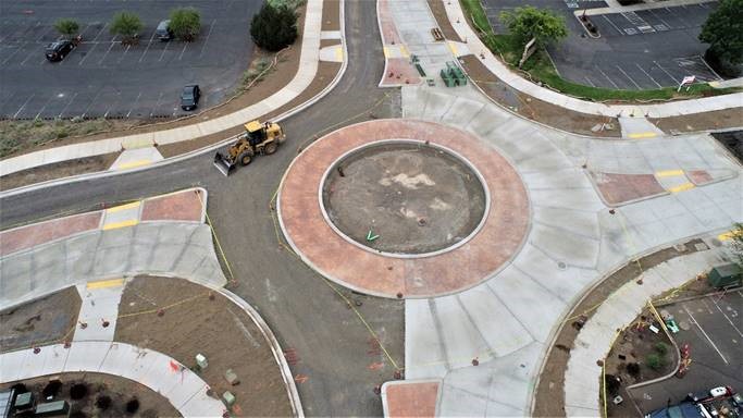 An aerial photo showing the progress of the Simpson Ave./Columbia St. roundabout as of Friday, July 30, 2021.