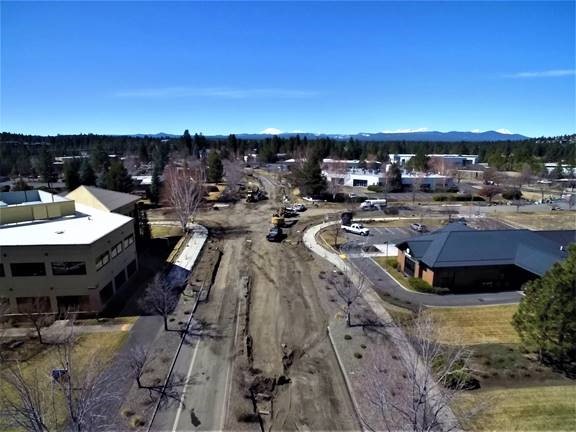 An aerial photo overlooking the Colorado Ave./Columbia St. intersection construction site as of March 26.