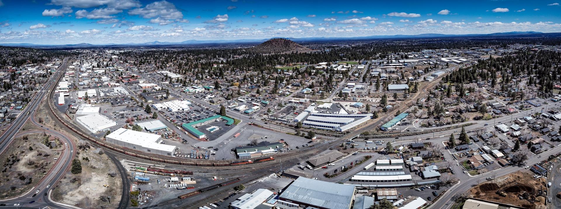 Aerial view of 3rd Street and Bend Central District from railroad and colorado interchange looking northeast