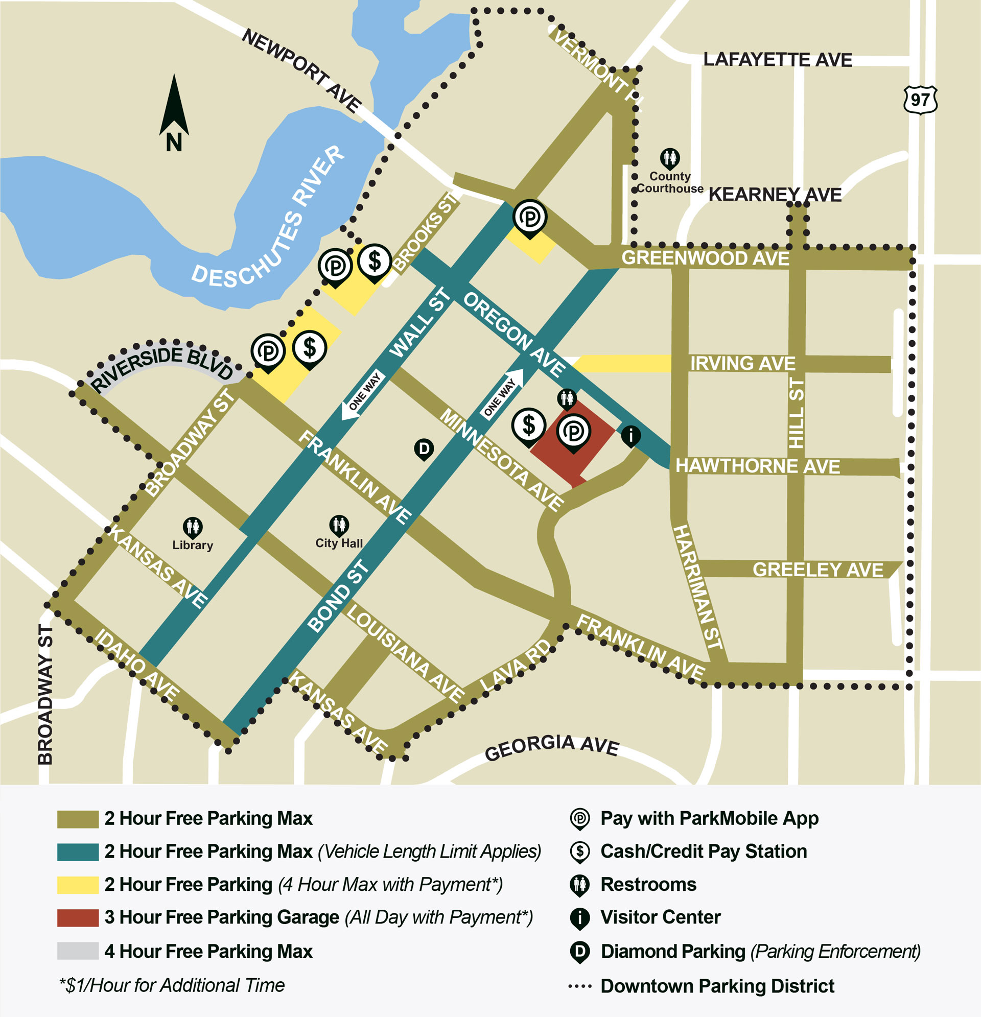 Map showing parking locations and time limits in downtown Bend.