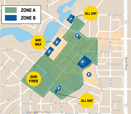 Map showing the changes to the Downtown Parking District. Two hours of free parking are available in Zone A. Zone B offers paid parking for various lengths of time.