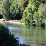 Looking down at Mirror Pond from Drake Park in Bend in the Summer.