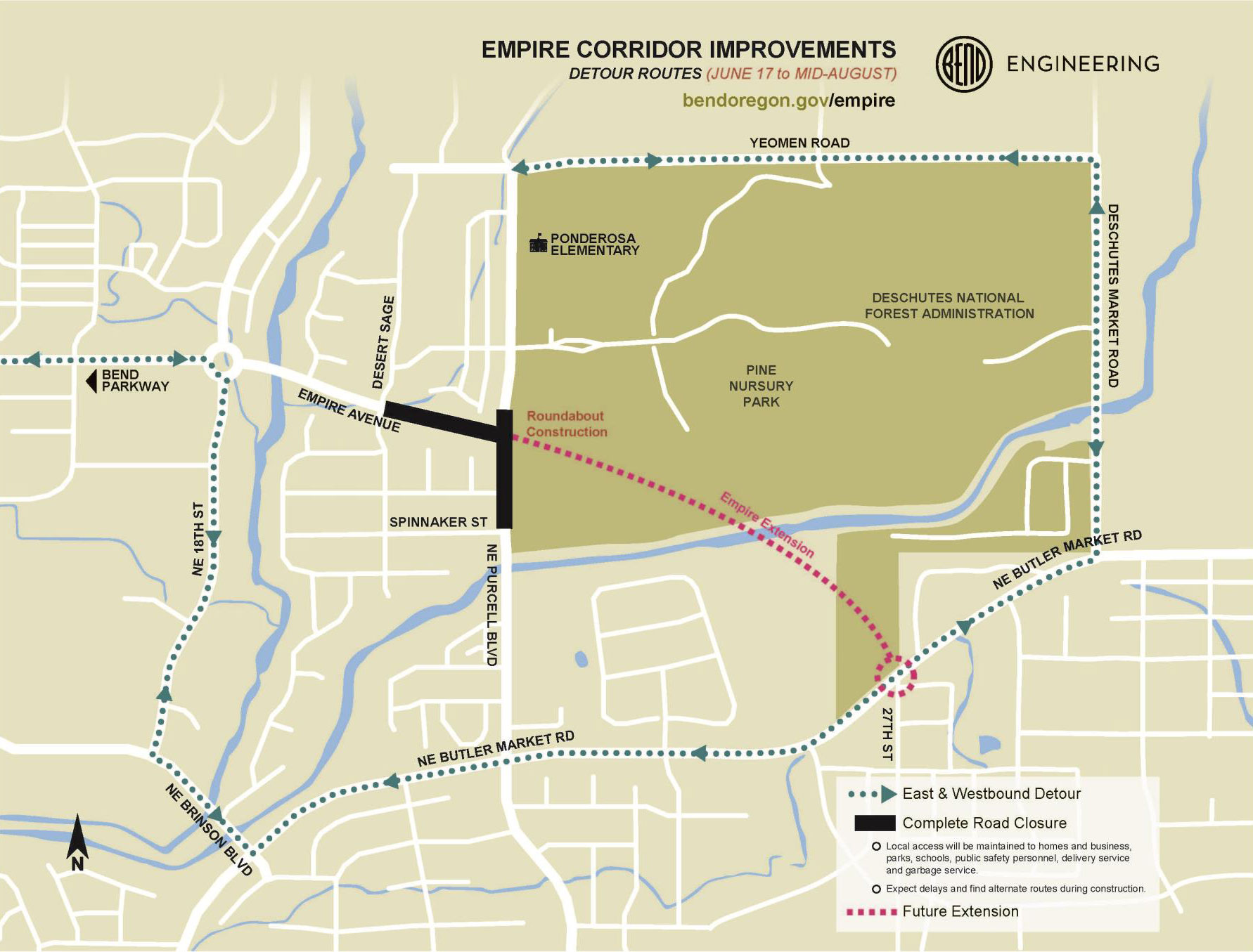 Empire Corridor detour map for June 17 through Mid-August, 2019.