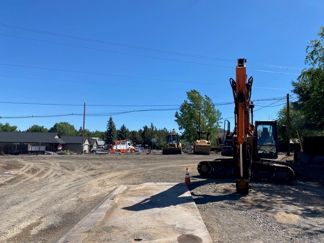 A photo of equipment on-site as work continues at the NE Butler Market Road and NE Purcell Blvd roundabout.