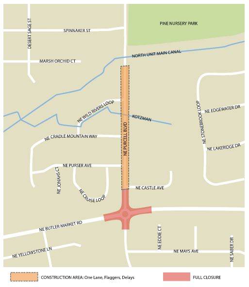 A map exhibiting the full closure at the Butler Market Rd. & Purcell Blvd. intersection and the single-lane construction area along Purcell Blvd.
