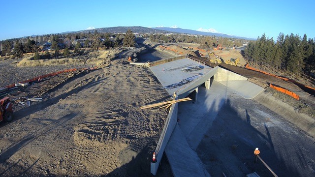 An aerial photo facing east over the Empire crossing structure.
