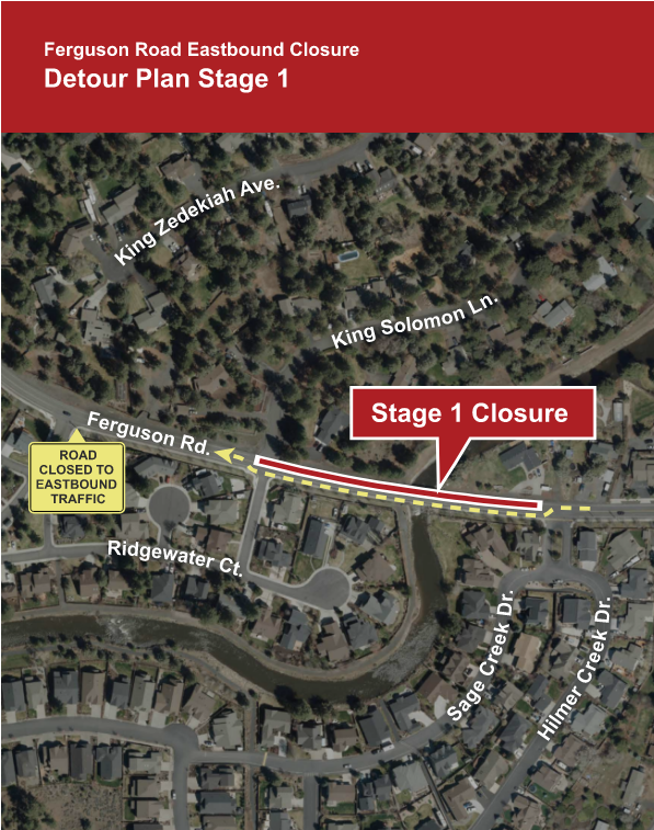 An aerial satellite map depicting the Stage 1 eastbound closure on Ferguson Rd.