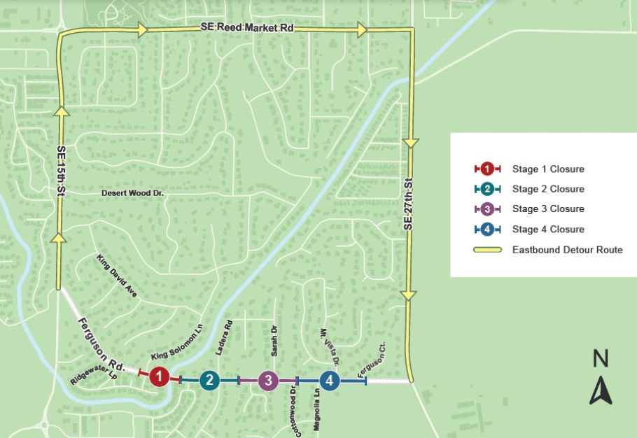 A map depicting the Stage 1, Stage 2, Stage 3, and Stage 4 closures on Ferguson Rd, and the eastbound detour route along 15th St., Reed Market Rd., and 27th St.