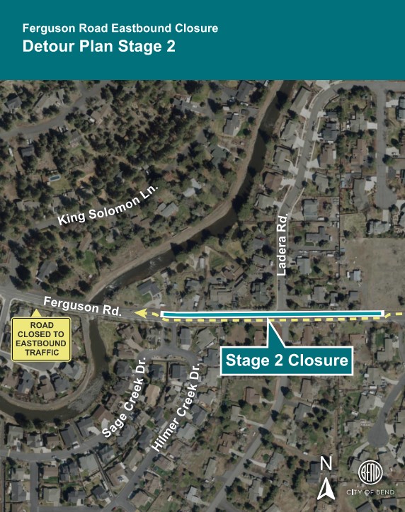 A satellite-view map showing the Stage 2 Eastbound Closure on Ferguson Rd.