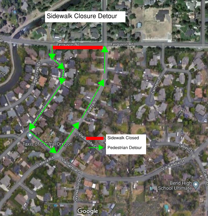 A satellite-view map showing the sidewalk closure on Ferguson Rd. and the pedestrian detour on Hilmer Creek Dr., Via Sandia St., and Ladera Rd.