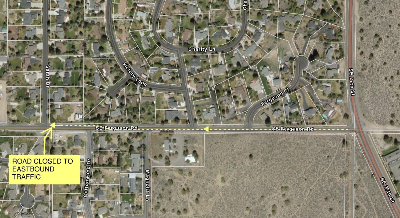 A satellite map showing the Ferguson Rd. closure for eastbound traffic from east of Sarah Drive to 27th Street.