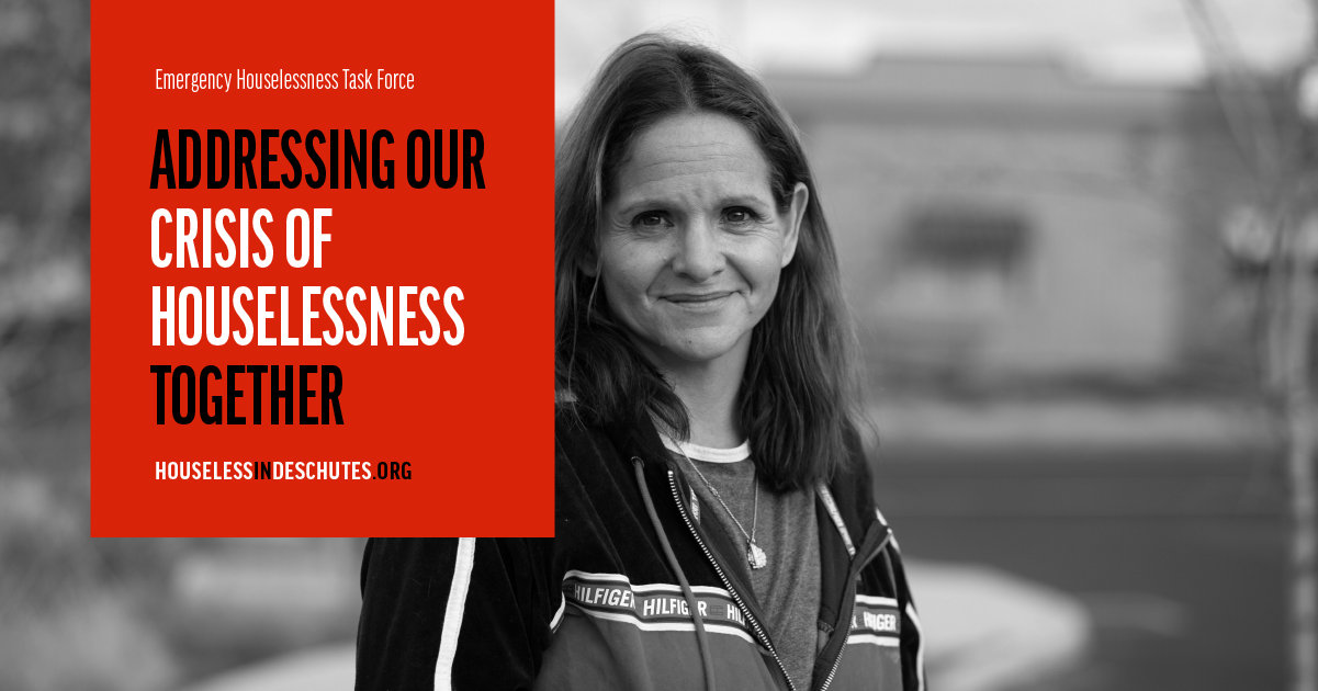 Portrait of a homeless community member. They present as woman. Next to the portrait is a quote from the subject in white letters on a red text box that says, 