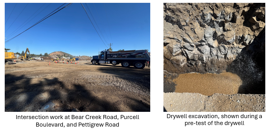 Excavated intersection with a dump truck, equipment and a construction worker