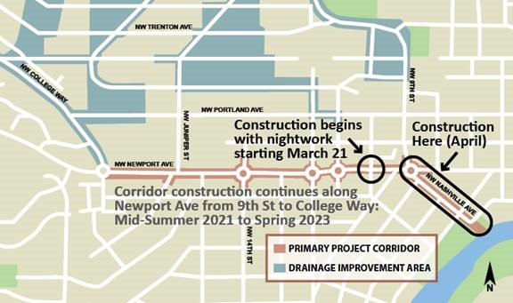 A map depicting the Newport Corridor Improvements primary project corridor and drainage improvement areas, and construction zones scheduled to begin in March and April.
