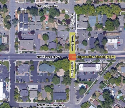 A map with satelite imagery exhibiting the work zone and intersection closure for night work at the NW 10th St./NW Newport Ave. intersection.