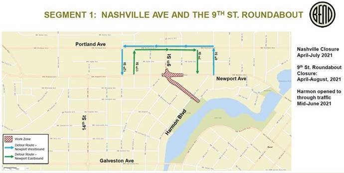 A map depicting the work zone and closure at Nashville Ave. & the 9th St. roundabout and detour routes for Newport Ave. westbound & eastbound traffic.
