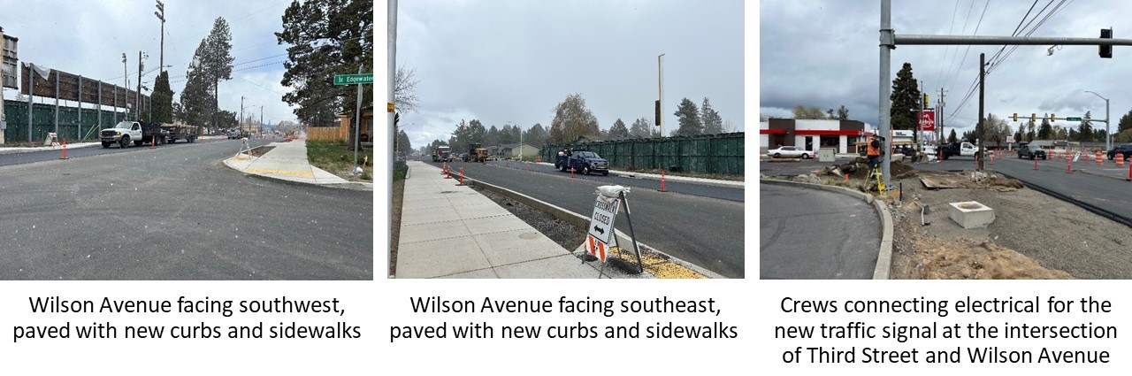 crews working on construction along Wilson Avenue includes new paving, curbs, sidewalks and signal pole installation at Third Street