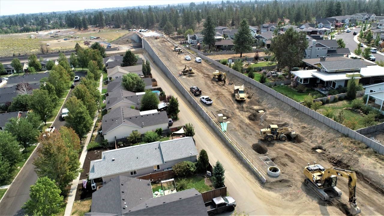 An aerial photo overlooking the extension of Murphy Road between Brosterhous Road and the new bridge over the railroad.