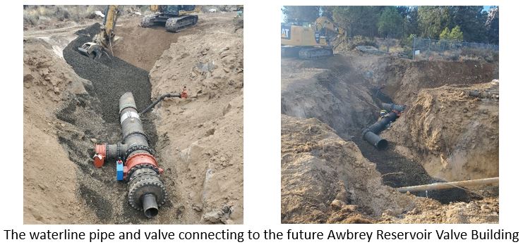 The waterline pipe and valve connecting to the future Awbrey Reservoir Valve Building