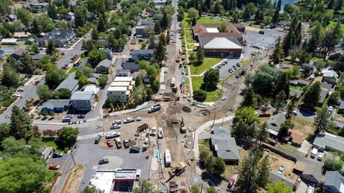 An aerial photo looking east over Newport Ave. at the 9th Street roundabout.