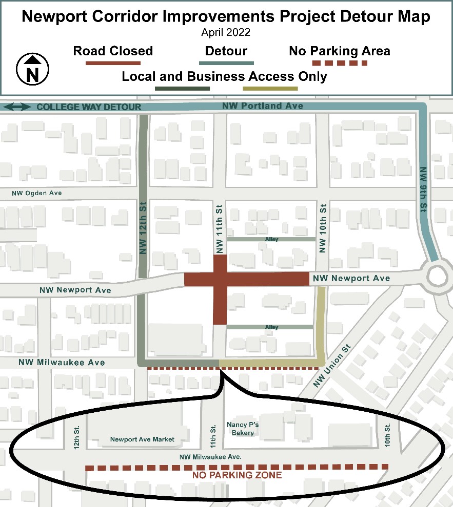 A map depicting the no parking zone along NW Milwaukee Ave. between 10th St. & 12th St, road closure on Newport Ave. and 11th St, local and business access, and detour routes.