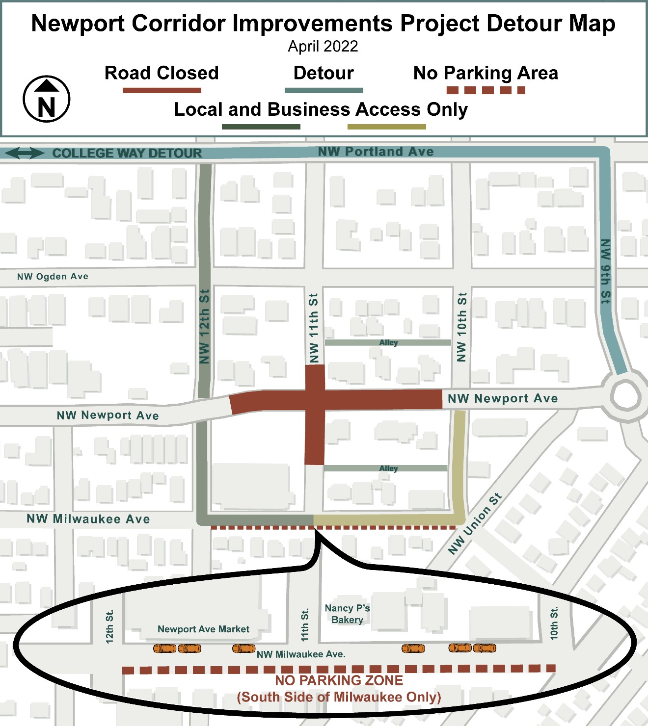 A map depicting the no parking zone along NW Milwaukee Ave. between 10th St. & 12th St, road closure on Newport Ave. and 11th St, local and business access, and detour routes.