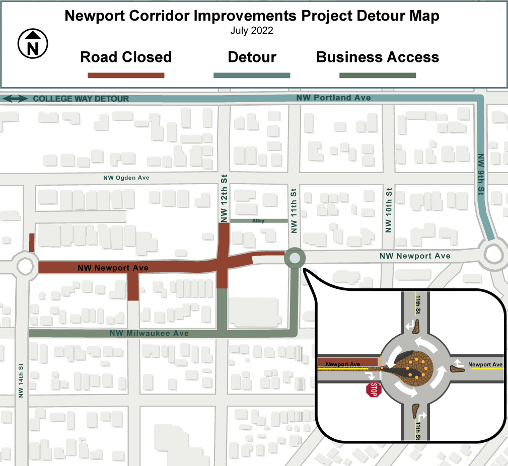 A map depicting the road closure on Newport Ave., 14th St., and 12th St, business access on the alley between 11th St. & 12th St., 11th St., and NW Milwaukee Ave., and the detour on 9th St. and Portland Ave.