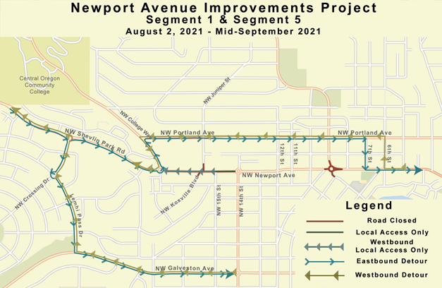 A map of Segments 1 & 5 depicting road closures, local access only, westbound local access only, eastbound detour, and westbound detour from August 2 to mid-September 2021.