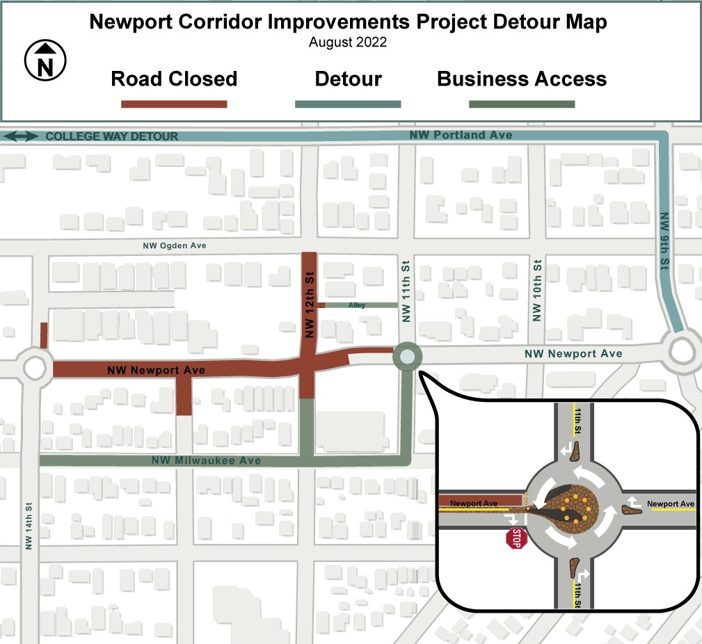 A map depicting the road closure on Newport Ave., 14th St., and 12th St, business access on the alley between 11th St. & 12th St., 11th St., and NW Milwaukee Ave., and the detour on 9th St. and Portland Ave.