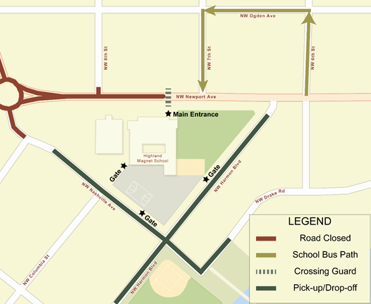 A map depicting the road closure on Newport Ave, School bus path using NW 6th St, NW Ogden Ave, and NW 7th St, Crossing guard on Newport in front of Highland Magnet School's main entrance, and pick-up/drop-off zones on NW Harmen Blvd and NW Nashville Ave.
