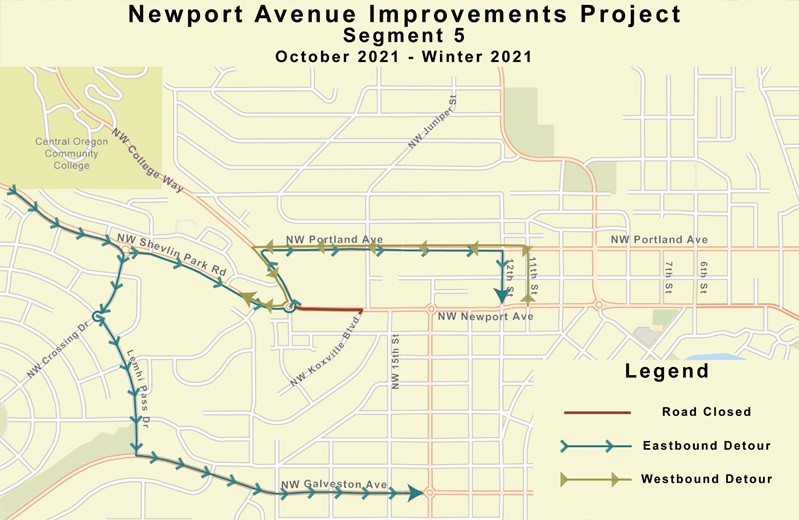 A map of Segment 5 depicting road closures, the eastbound detour, and the westbound detour from October 2021 - Winter 2021.