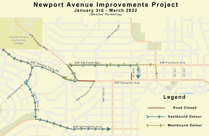 A map of the Newport Avenue Improvements Project road closures, the eastbound detour, and the westbound detour from January 3 - March 2022 (weather permitting).