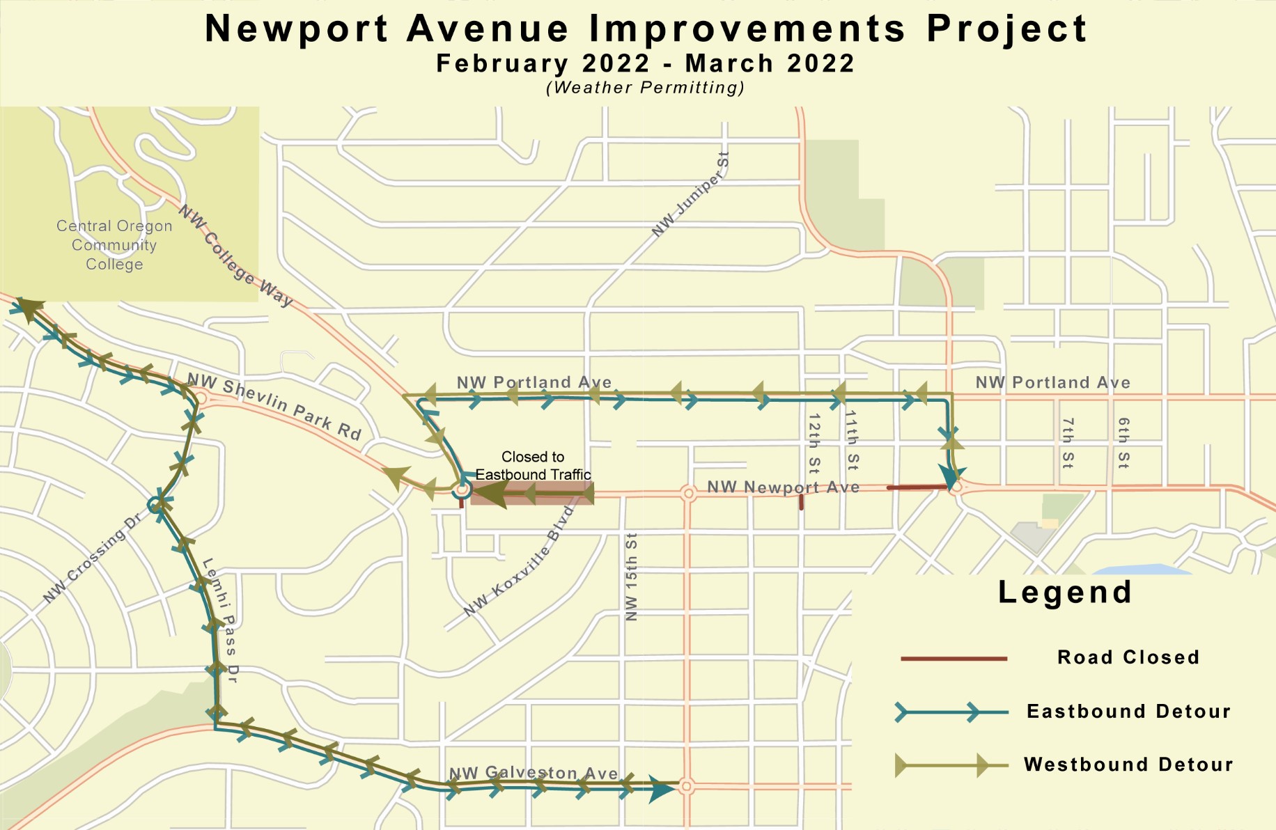 A map of the Newport Avenue Improvements Project's traffic control plan, depicting road closures along Newport Avenue, the eastbound detour, and the westbound detour in effect February - March 2022 (weather permitting).