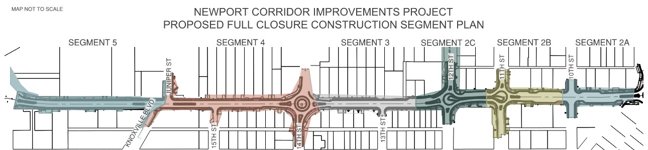 An aerial map exhibiting the Newport Corridor Improvements Project proposed full closure construction plan for Segments 2A, 2B, 2C, 3, 4, and 5.