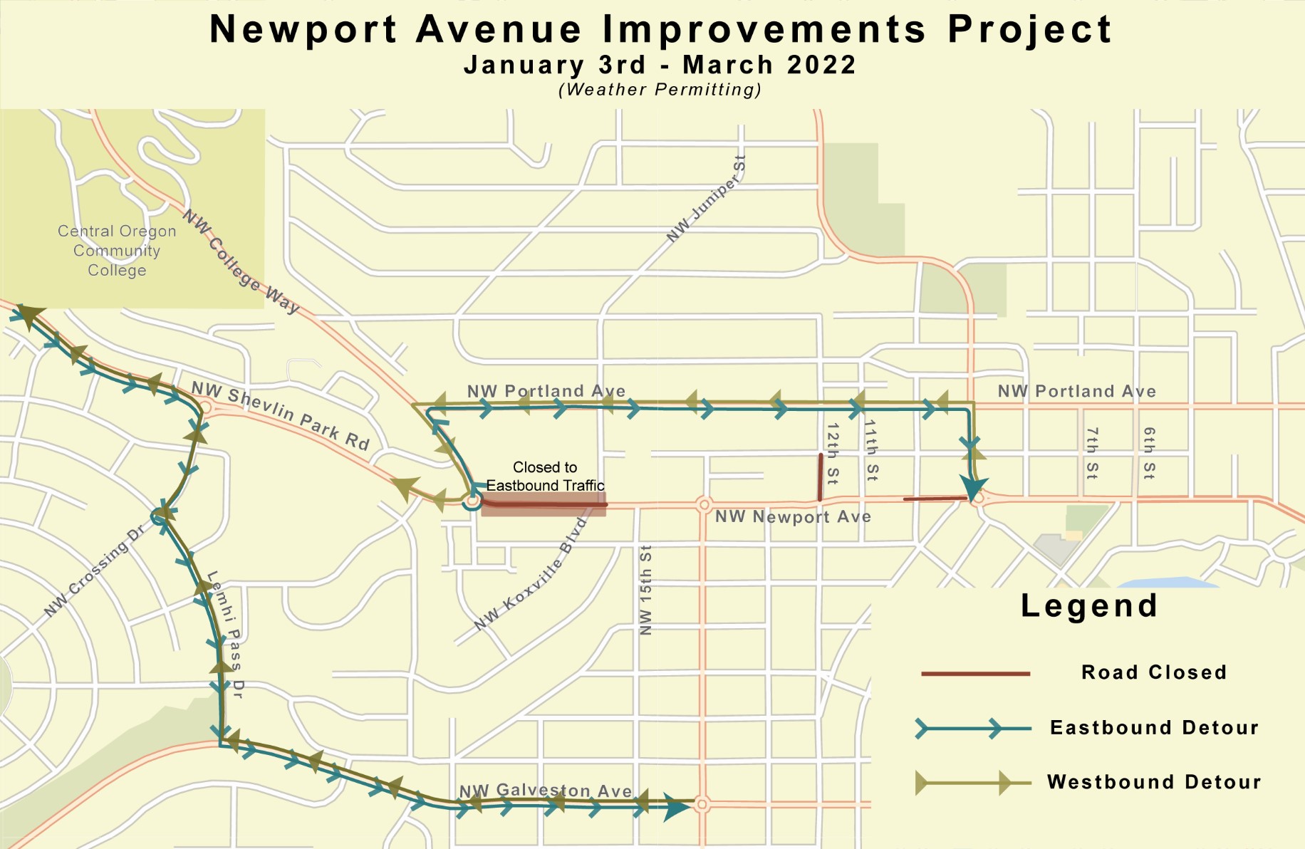 A map of the Newport Avenue Improvements Project's traffic control plan, depicting road closures, the eastbound detour, and the westbound detour in effect January 3 - March 2022 (weather permitting).