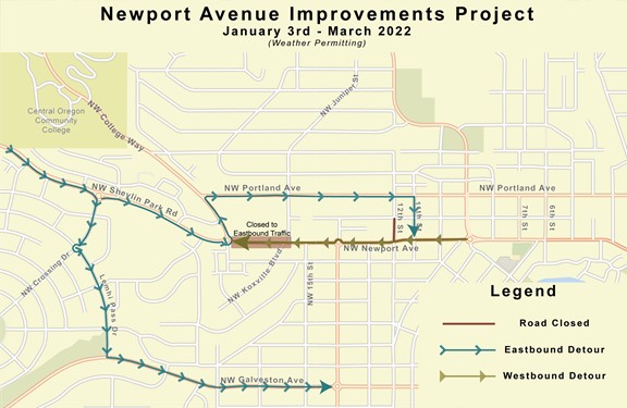 A map of the Newport Avenue Improvements Project road closures, the eastbound detour, and the westbound detour from January 3 - March 2022 (weather permitting).