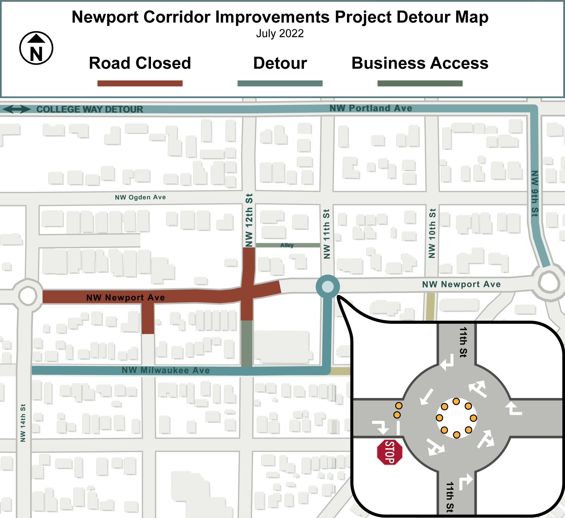 A map depicting the road closure on Newport Ave. and 12th St, business access on 9th St. & NW Portland Ave., and detour route on 11th St. & NW Milwaukee Ave.