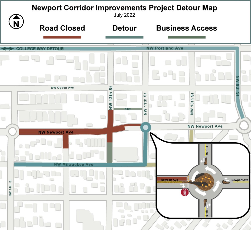 A map depicting the road closure on Newport Ave. and 12th St, business access on the alley between 11th St. & 12th St., and detour route on 11th St. & NW Milwaukee Ave.