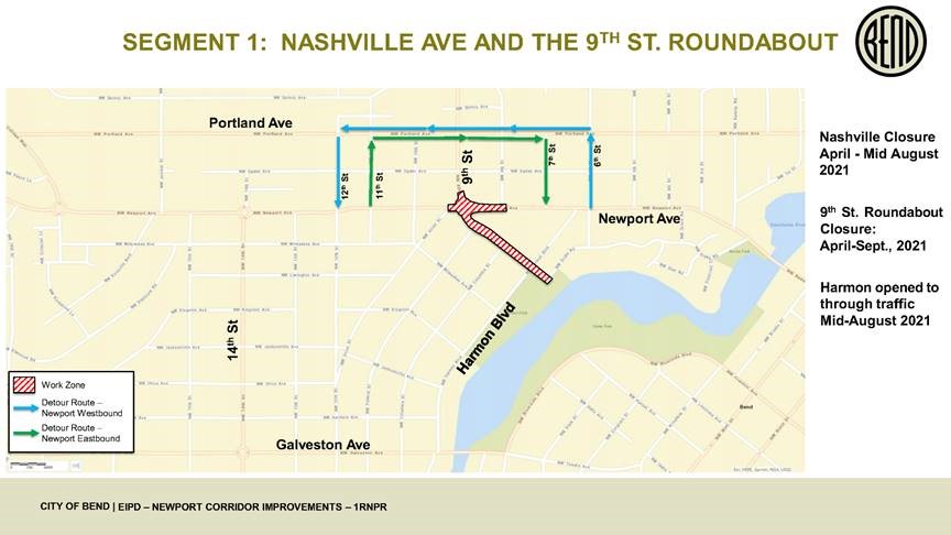 A map depicting the work zone and closure at Nashville Ave. & the 9th St. roundabout, and detour routes using Portland Avenue for Newport Ave. westbound & eastbound traffic.