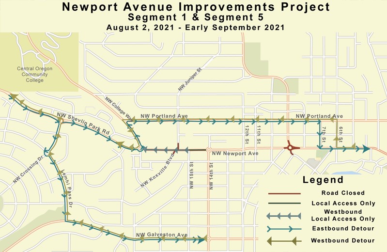 A map of Segments 1 & 5 depicting road closures, local access only, westbound local access only, eastbound detour, and westbound detour from August 2 to early-September 2021.