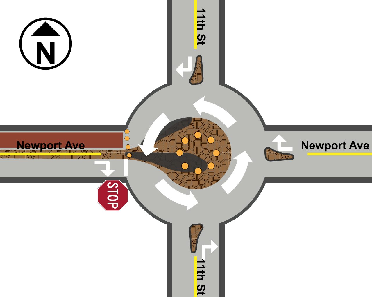 A graphic depicting an example of the 11th St. & Newport Ave. temporary roundabout.