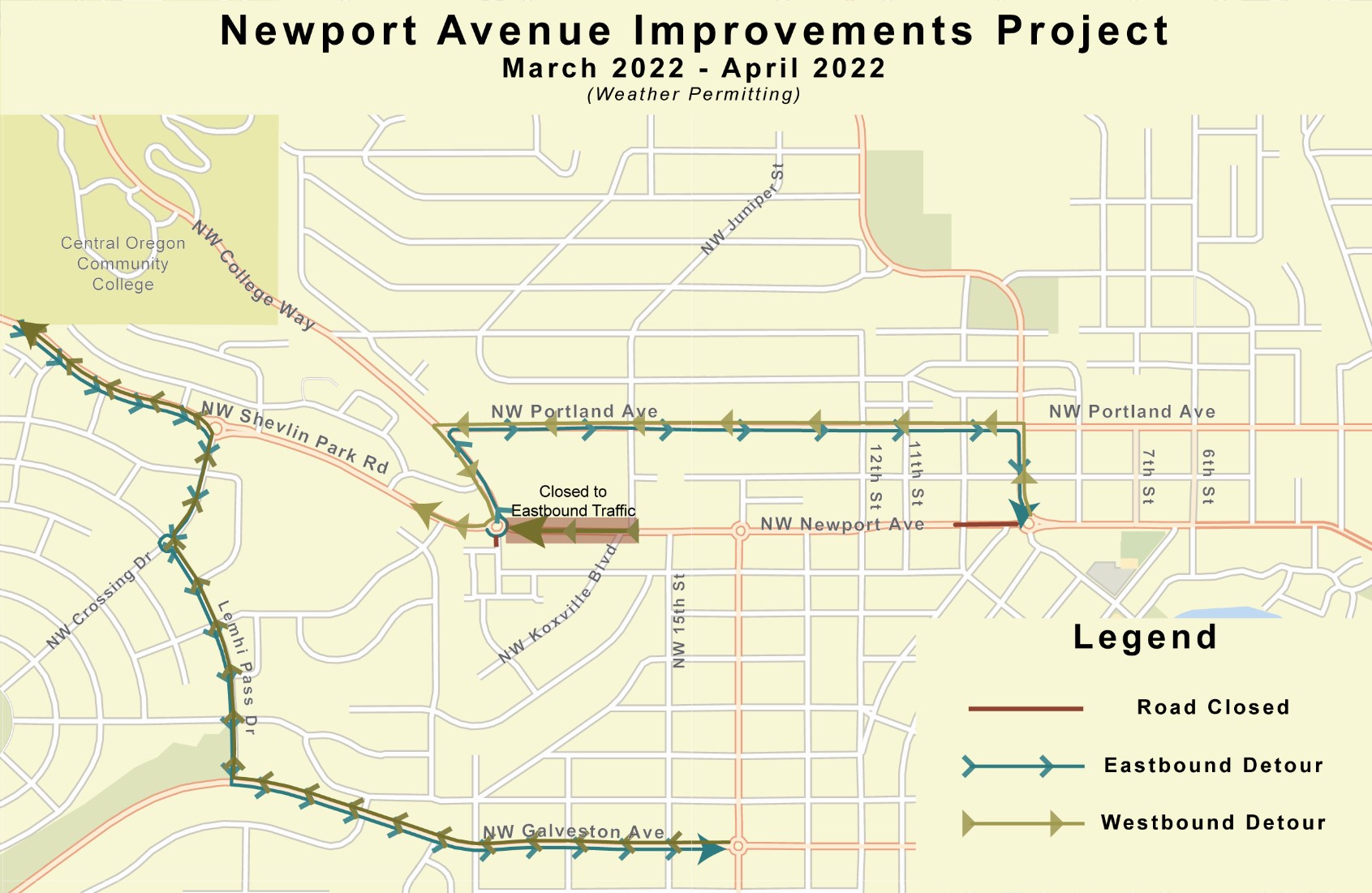 A map of the Newport Avenue Improvements Project's traffic control plan, depicting road closures along Newport Avenue, the eastbound detour, and the westbound detour in effect March - April 2022 (weather permitting).