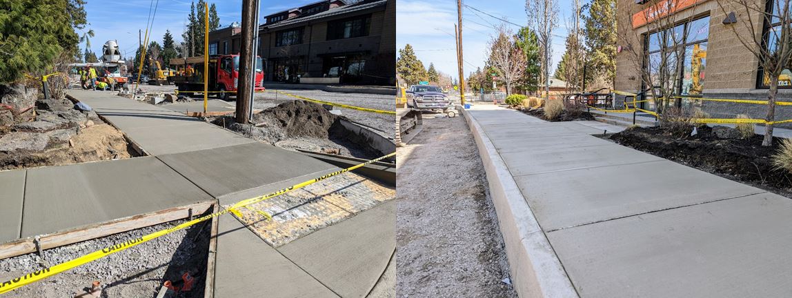 Two photos of the new sidewalks poured and preparations for paving between 9th Street and 10th Street.
