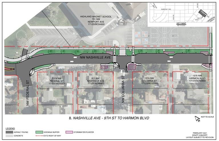An exhibit of Nashville Ave (9th St. to Harmon Blvd.) depicting asphalt paving, concrete, sidewalk buffers, stormwater planters, and existing right-of-way.
