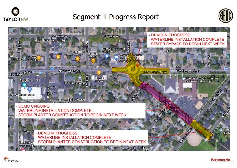 A satelite view map exhibiting the demo work on NW Newport Ave, NW 9th St, and NW Nashville Ave.