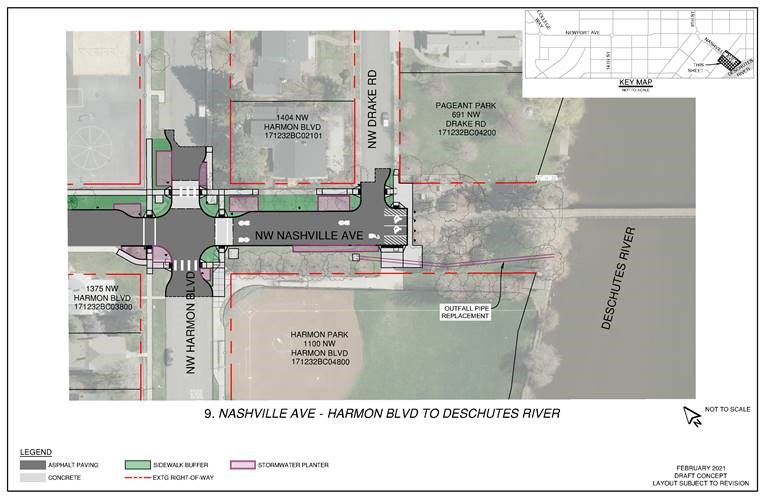 An exhibit of Nashville Ave. (Harmon Blvd. to Deschutes River) depicting asphalt paving, concrete, sidewalk buffers, stormwater planters, and existing right-of-way.