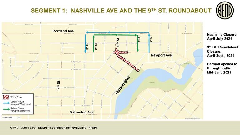 A map depicting the work zone and closure at Nashville Ave. & the 9th St. roundabout and detour routes for Newport Ave. westbound & eastbound traffic.