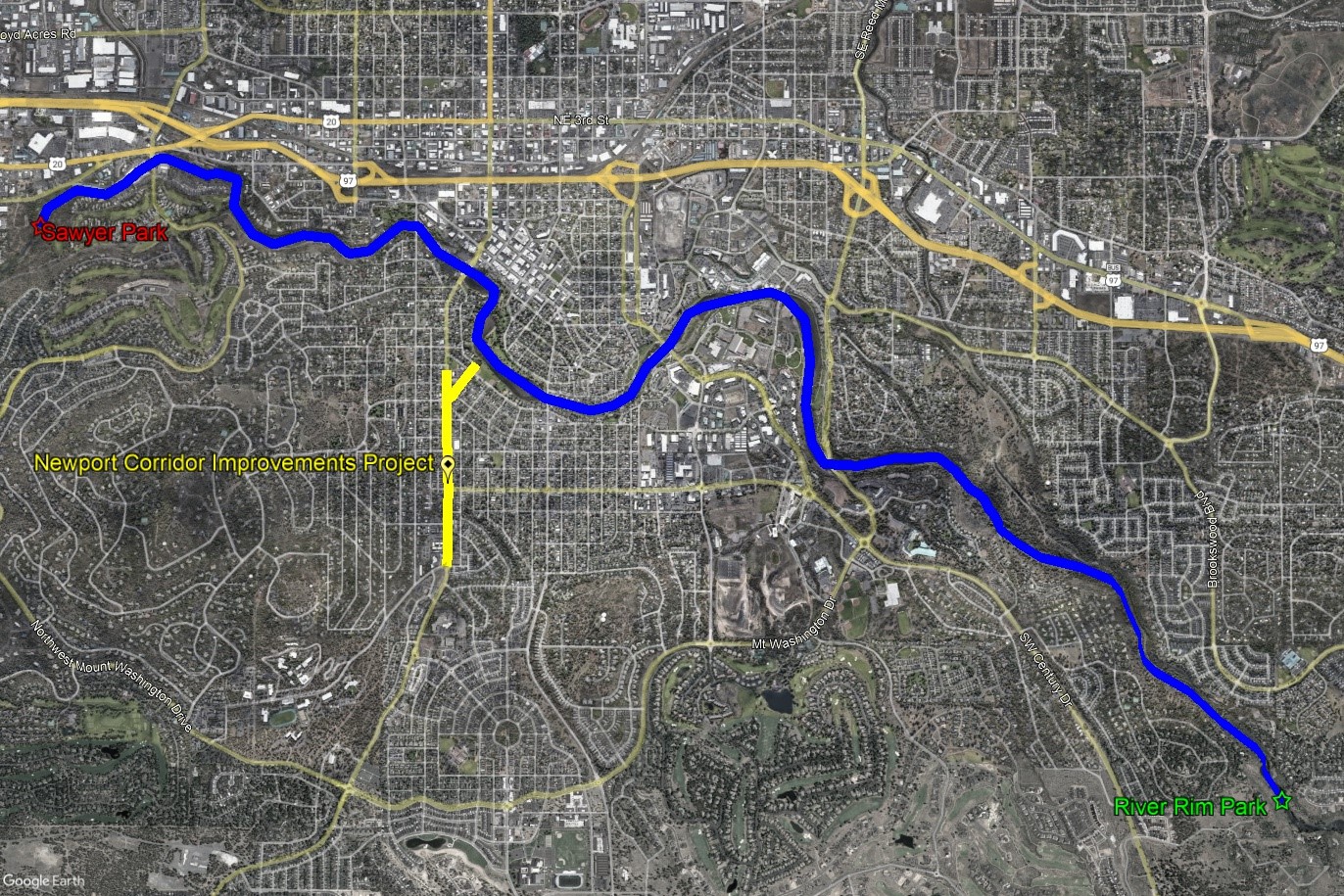 An aerial satellite-view map highlighting the 7.13 miles of the Deschutes River in comparison to the 7.5 miles of sewer, stormwater, and water pipe removed and installed beneath just one mile of roadway over the last two years.