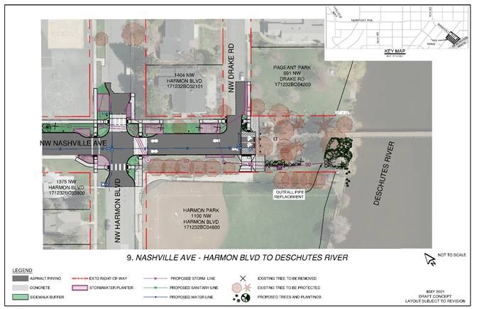 The conceptual design plan for Nashville Ave (Harmon Blvd to Deschutes River) depicting asphalt paving, concrete, sidewalk buffers, stormwater planters, existing right of way, utility lines, and tree removals and plantings.